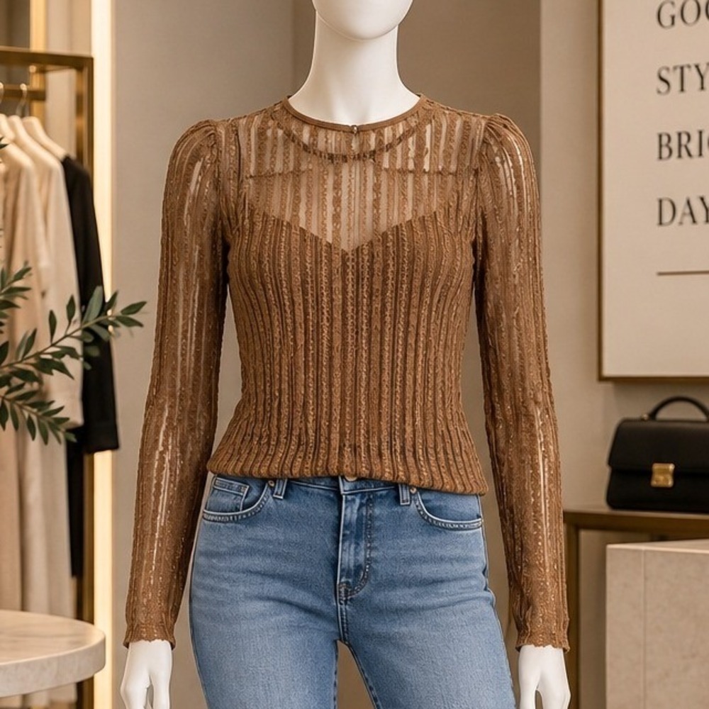 Lulus Sheer Lace Top Tan Brown Long Sleeve Keyhole Back Party Size L
